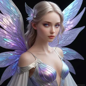 An ethereal fantasy heroine with delicate wings made of iridescent material, glowing with an inner light that casts shadows across her porcelain skin and highlights her striking violet eyes.