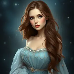 A serene fantasy woman with waist-length chestnut brown hair that frames her delicate features and contrasts beautifully with her soft, flowing dress that sparkles like star dust under the moonlight.