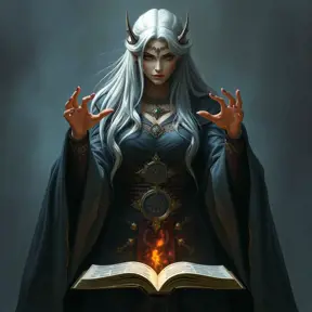 An ancient sorceress with silver hair reaching her waist, wearing robes that swirl with patterns of ancient runes and arcane symbols, her hands poised above an open tome as if preparing to cast a powerful spell.