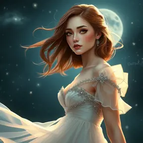 A serene fantasy woman with waist-length chestnut brown hair that frames her delicate features and contrasts beautifully with her soft, flowing dress that sparkles like star dust under the moonlight.