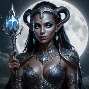 A dark elf queen with intricate tattoos glowing in the moonlight, holding a crystal staff