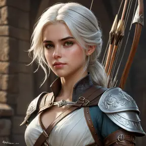 Ciri, the young princess, with a medieval-inspired outfit and a bow and arrow