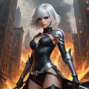 2B with a fierce gaze, standing in front of a burning cityscape with a sword raised high