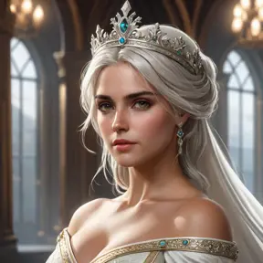 Ciri, the queen, with a regal crown and a flowing white gown