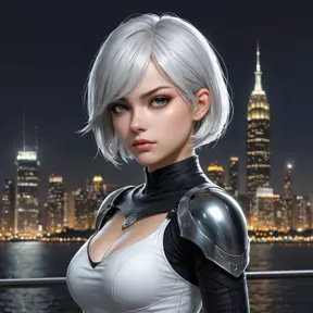 2B with a determined expression, standing in front of a city skyline at night