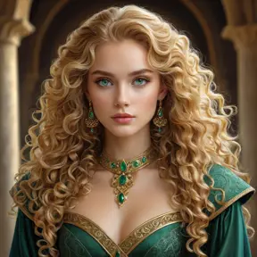 A beautiful, elegant woman with long, curly golden hair and piercing emerald eyes, inspired by the refined and cultured world of the Nilfgaardian court