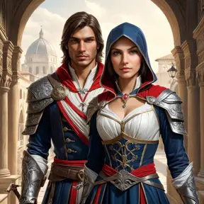 Ezio's Assassin sister, Altaïr's descendant, with a Renaissance-inspired outfit and a sword in hand