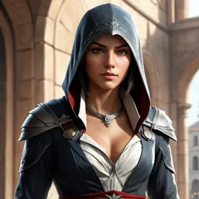 a female protagonist from the Assassin's Creed universe, with a mix of elegance and ferocity, rendered in a high-contrast, cinematic style