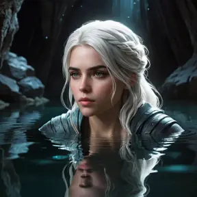 Ciri in a dark, cavernous underground lake, the water illuminated by glowing crystals, her reflection clear in the still water, her expression contemplative