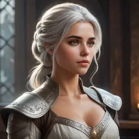 Ciri, the ashen-haired princess of Cintra, in a serene moment of contemplation. Soft, atmospheric lighting and a dreamlike quality.