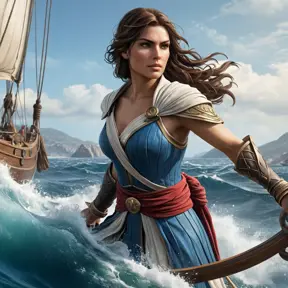 Kassandra, the enigmatic protagonist of Assassin's Creed, navigating the treacherous waters of the Aegean Sea, her ship cutting through the waves with grace and power.