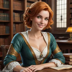 Triss Merigold, the elegant and wise sorceress, with short, curly blonde hair and a warm smile, sitting in a cozy library