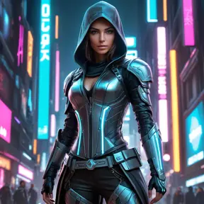 Create an image of a beautiful Assassin's Creed woman in a futuristic cyberpunk setting, her outfit blending traditional assassin garb with neon-lit cybernetic enhancements, standing under a towering holographic advertisement.