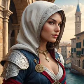 A stunningly beautiful woman from Assassin's Creed, rendered in the style of a Renaissance painting, with intricate details of her assassin outfit and a background of a bustling Italian city during the 15th century.