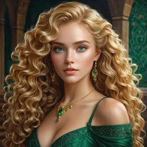 A beautiful, elegant woman with long, curly golden hair and piercing emerald eyes, inspired by the refined and cultured world of the Nilfgaardian court