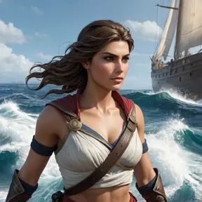 Kassandra, the enigmatic protagonist of Assassin's Creed, navigating the treacherous waters of the Aegean Sea, her ship cutting through the waves with grace and power.