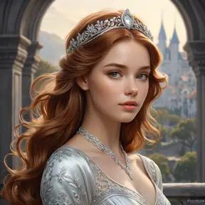 A young princess with cascading waves of lustrous auburn hair, her delicate features framed by a circlet of silver filigree, a serene expression on her face as she gazes out over her kingdom.