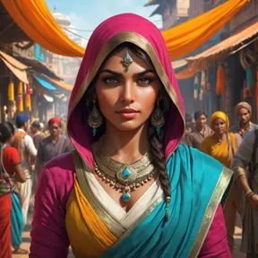 Create an image of a beautiful Assassin's Creed character in a vibrant Indian market, her clothing a colorful mix of traditional saris and hidden assassin tools, with a backdrop of bustling stalls and exotic animals.