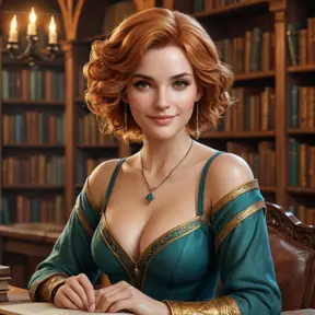 Triss Merigold, the elegant and wise sorceress, with short, curly blonde hair and a warm smile, sitting in a cozy library