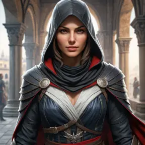 a beautiful, skilled female Assassin from the Assassin's Creed series, with a commanding presence and a complex, multi-layered character, in a visually stunning, hyper-detailed environment