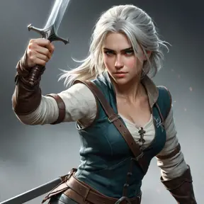 Ciri, the fierce and powerful witcher, wielding her sword in a dynamic action pose. Highly detailed, gritty, and realistic rendering.