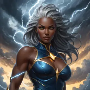 Storm with a fierce expression, her dark skin glowing with electricity, standing in a stormy sky