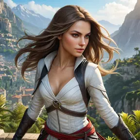 a beautiful, deadly female Assassin from the Assassin's Creed franchise, with flowing hair and a lithe, acrobatic physique, in a lush, vibrant environment