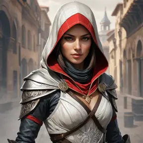 a female Assassin from the Assassin's Creed universe, with a striking, otherworldly beauty and a sense of grace and power, rendered in a highly stylized, surreal style