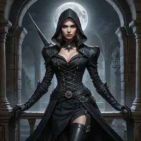 A stunning Assassin's Creed woman in a gothic vampire castle, her outfit a dark, elegant blend of Victorian mourning attire and lethal assassin weapons, the moon casting eerie shadows.