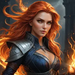 A stunning sorceress, inspired by the Witcher universe, with a fierce and powerful presence, her hair ablaze with fire, her eyes glowing with magic, her hands raised, commanding the elements