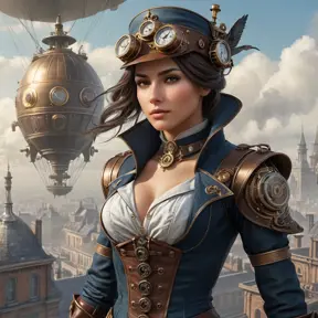 Imagine a beautiful Assassin's Creed character in a steampunk world, her clothing a blend of Victorian elegance and mechanical gears, standing atop a zeppelin with a backdrop of a smog-filled cityscape.