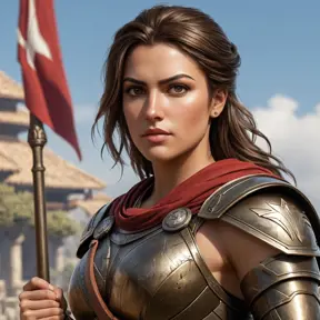 A detailed portrait of Kassandra, the powerful Spartan warrior from Assassin's Creed, standing tall and proud in her bronze armor, her piercing gaze commanding attention.