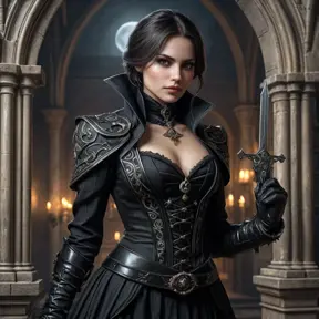 A stunning Assassin's Creed woman in a gothic vampire castle, her outfit a dark, elegant blend of Victorian mourning attire and lethal assassin weapons, the moon casting eerie shadows.