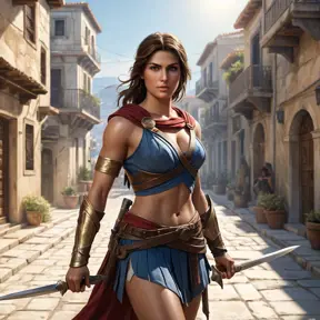 Kassandra, the legendary mercenary of Assassin's Creed, navigating the ancient streets of a bustling Greek city, her Spear of Leonidas gleaming in the sunlight.