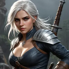 Ciri, the witcher's protégé, locked in a fierce battle with a monstrous foe, her skills and determination on full display. Dynamic, intense, and visceral.