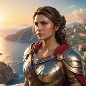 Kassandra from Assassin's Creed Odyssey, overlooking a breathtaking sunset on a Greek island, with her armor reflecting the warm light, her hair flowing in the wind, capturing a moment of calm and strength.