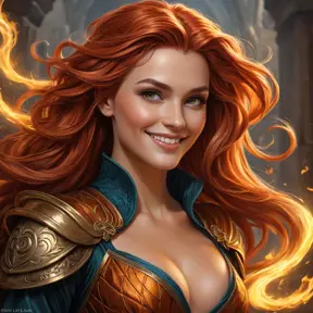 A stunning, fiery-haired woman with a mischievous grin, inspired by the fiery spirit of the sorceress, Philippa Eilhart