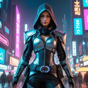 Create an image of a beautiful Assassin's Creed woman in a futuristic cyberpunk setting, her outfit blending traditional assassin garb with neon-lit cybernetic enhancements, standing under a towering holographic advertisement.