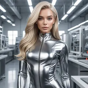 Polaris in a sleek silver jumpsuit, her long blonde hair styled in a futuristic bob, standing in a high-tech laboratory