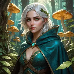 Ciri in a lush, overgrown forest, surrounded by glowing mushrooms and ancient trees, her eyes reflecting the soft bioluminescence, wearing a cloak made of leaves and twigs