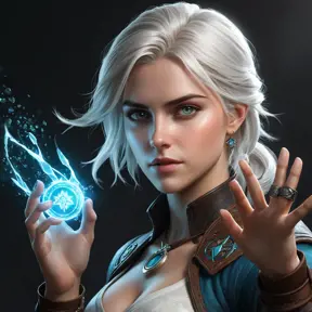 A powerful image of Ciri from The Witcher 3 using her magical abilities, with glowing runes surrounding her, and a wave of energy emanating from her hand.