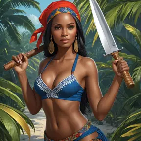 Adéwalé, the Haitian Assassin, as a beautiful woman, with a Caribbean-inspired outfit and a machete