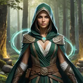 Imagine a beautiful Assassin's Creed character in a mystical Celtic forest, her clothing a mix of ancient druidic robes and hidden assassin weapons, surrounded by ancient stone circles and glowing will-o'-the-wisps.