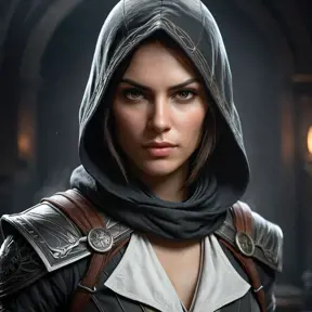 a female Assassin from the Assassin's Creed series, with a striking, angular face and a fierce, resolute expression, in a dark, moody, atmospheric setting