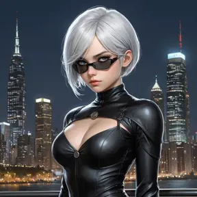 2B with a determined expression, standing in front of a city skyline at night