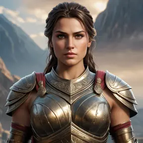 A detailed portrait of Kassandra, the powerful Spartan warrior from Assassin's Creed, standing tall and proud in her bronze armor, her piercing gaze commanding attention.