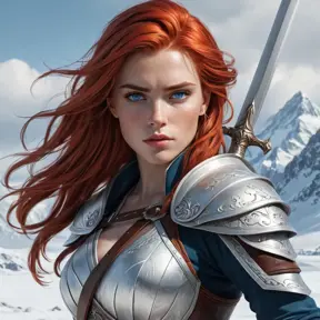 A beautiful woman, reminiscent of Ciri, with fiery red hair and piercing blue eyes, wielding a silver sword, her expression fierce and determined, standing on a snow-covered battlefield