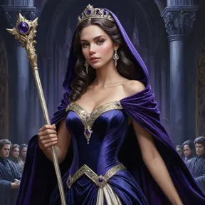 A powerful queen in a dress of shimmering midnight blue, her shoulders draped in a cloak of deep purple velvet, a scepter of carved ivory in her hand as she stands before her loyal subjects.