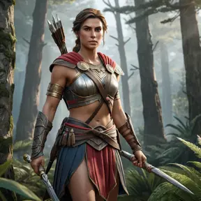 A cinematic shot of Kassandra from Assassin's Creed Odyssey, emerging from a dense forest with a determined look, her armor slightly weathered, and her weapons ready for combat, showcasing the wilderness around her.