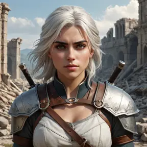 Ciri, the fierce and resilient warrior, standing tall amidst the ruins of a battlefield, her expression one of determination and strength. Gritty, realistic, and cinematic.